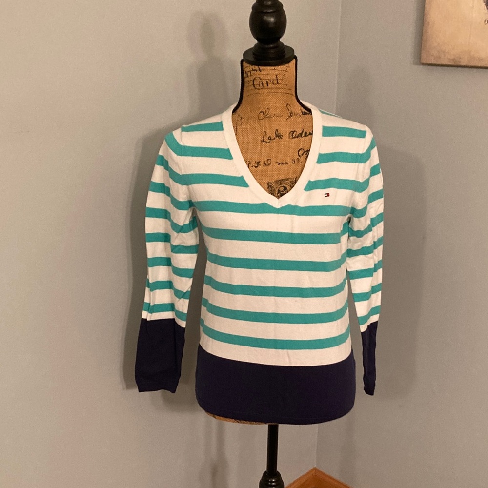 Tommy Hilfiger Striped V-Neck Sweater - Teal White Navy Women Size M